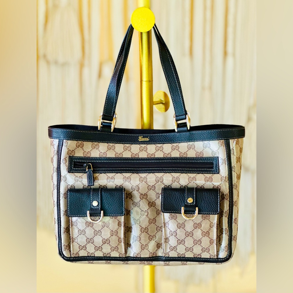 Authentic Gucci Crystal Abbey Tote - Beige Supreme Canvas Body with Leather ☀️